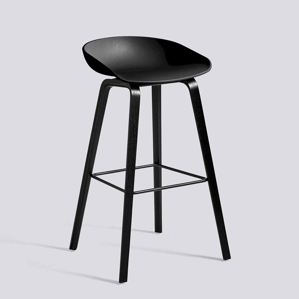 AAS32 Bar stool High Black water-based lacquered oak veneer 4 leg base Black powder coated steel footrest H75 Standard glider-Black 2.0 shell-None-None