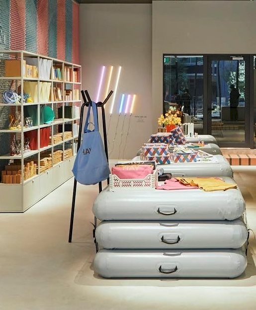 Inside the HAY Osaka Store in Japan with Knit Coat Rack,  Colour Crate and Weekend Bag.