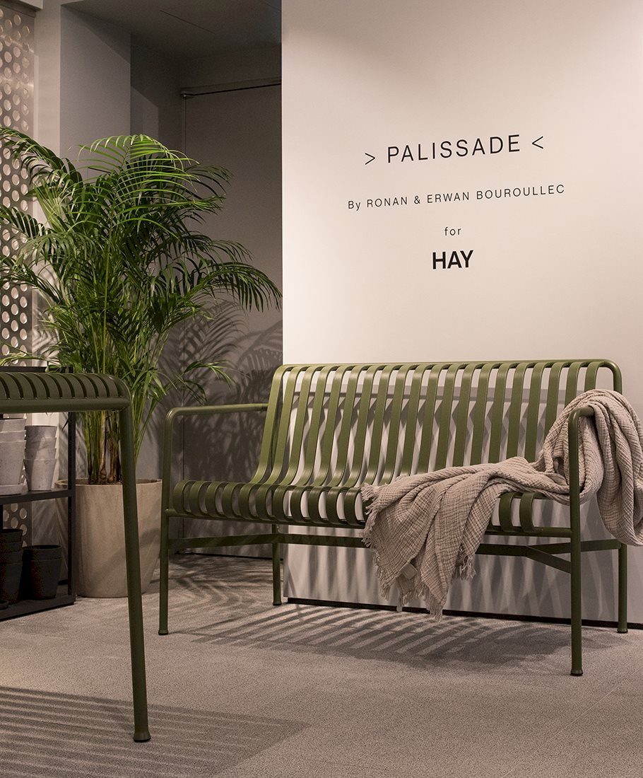 Inside HAY Seoul in South Korea with Palissade Dining Bench and Palissade Table.